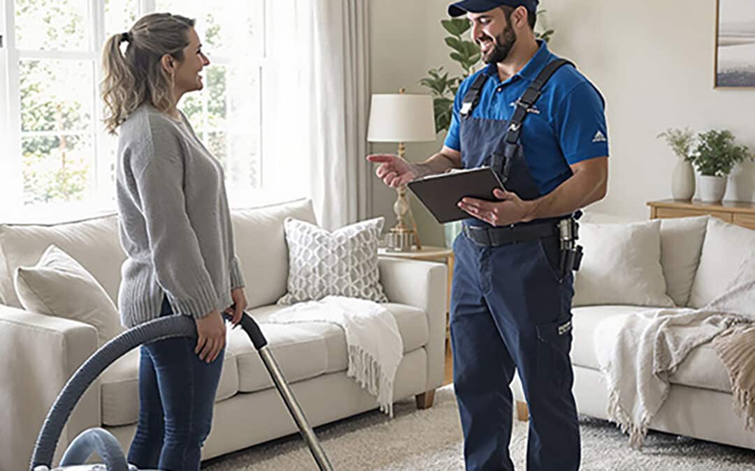 Carpet cleaning professional discussing carpet cleaning costs and options with a homeowner in her living room.