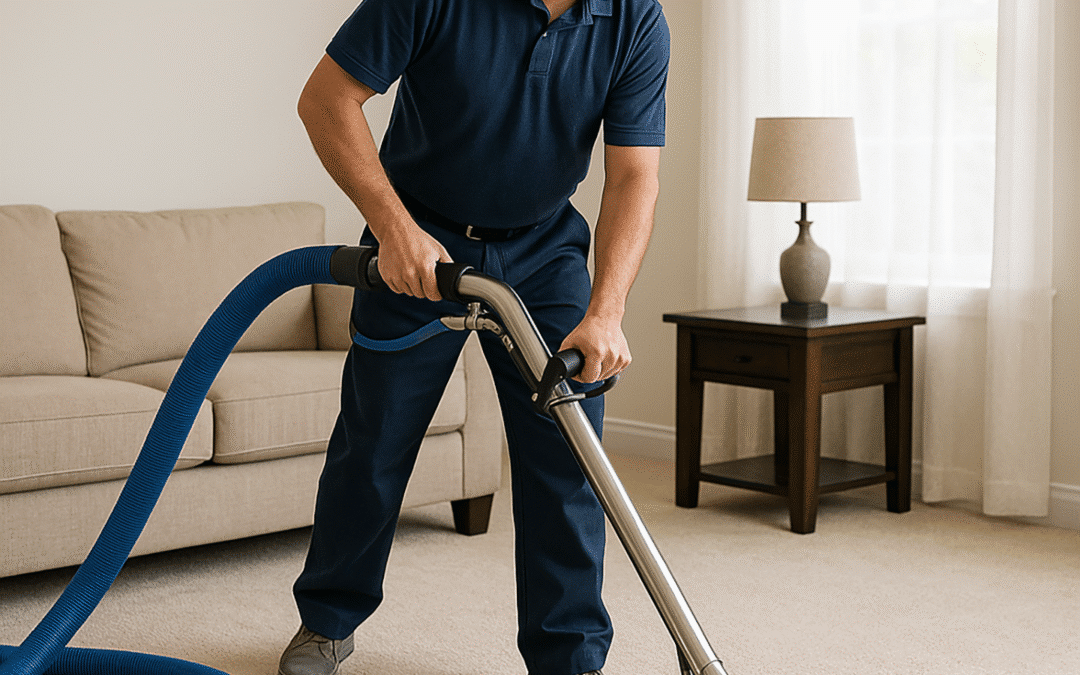 Professional carpet cleaning technician deep cleaning a beige living room carpet with a steam cleaning machine.