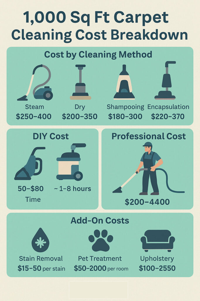 infographic showing professional carpet cleaner costs for 1,000 sq ft, comparing methods, diy vs professional, and common add-on services.