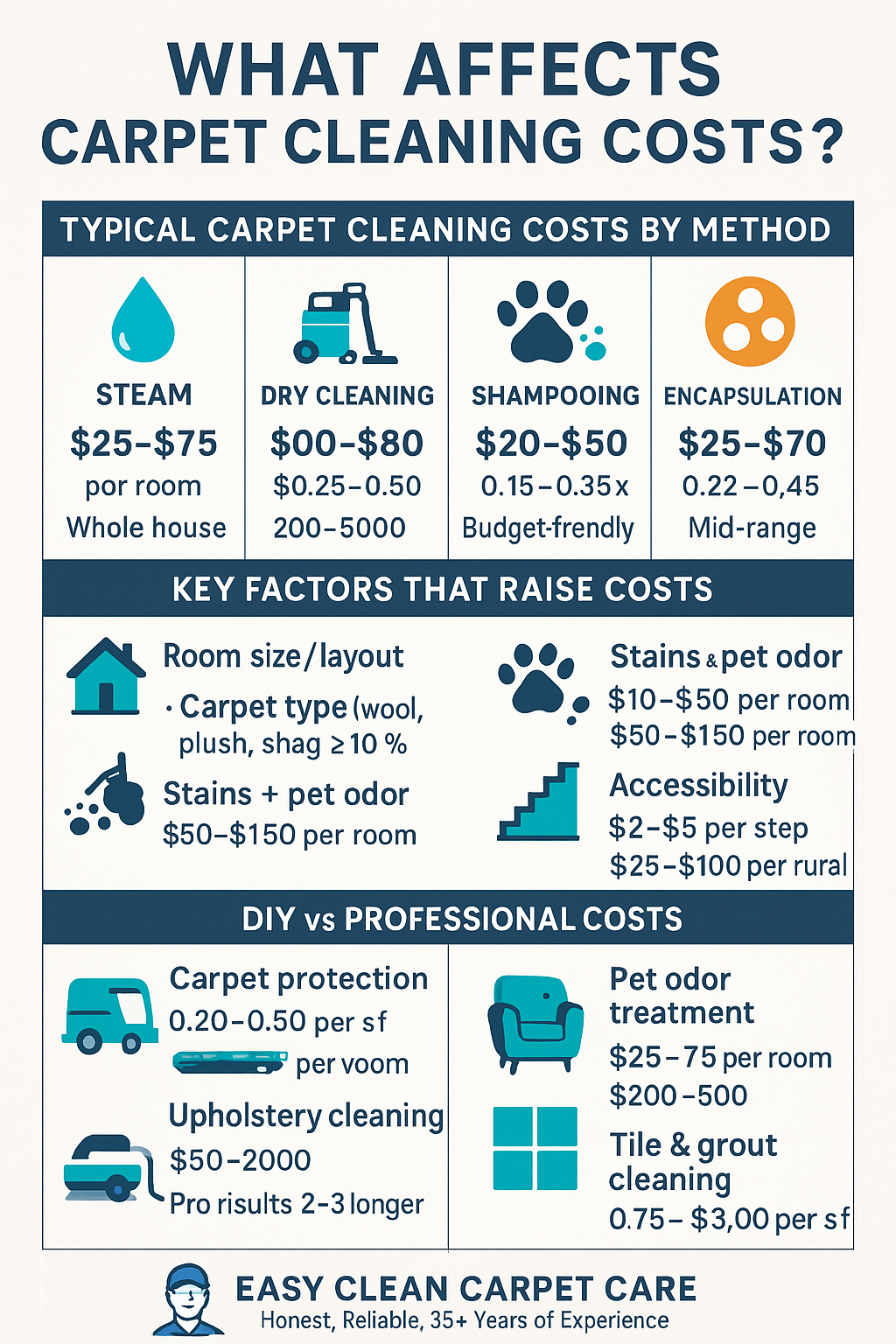 infographic showing typical carpet cleaning costs by method, cost factors such as carpet type and stains, diy vs professional costs, and common add-on services.