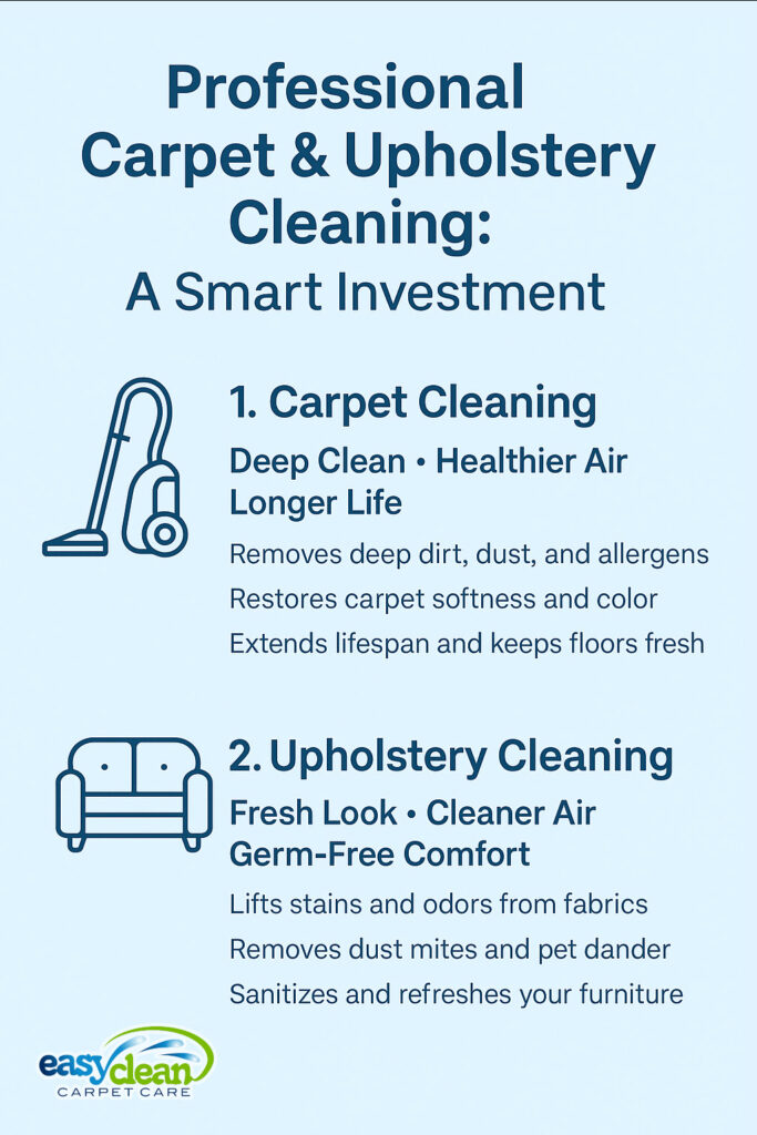 infographic showing the benefits of professional carpet & upholstery cleaning, emphasizing deep cleaning, air quality, and freshness.