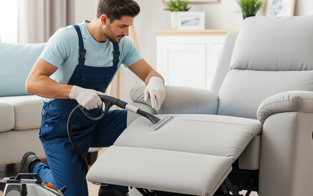 A professional upholstery cleaner is cleaning upholstery on a recliner chair in a bright Sacramento living room.