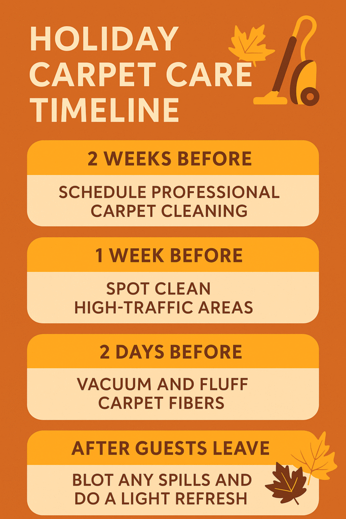 holiday carpet cleaning timeline infographic in thanksgiving colors showing simple steps for scheduling, vacuuming, and refreshing carpets before and after holiday gatherings.