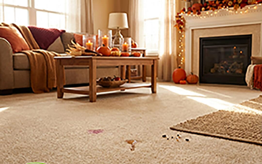 A warm Sacramento Thanksgiving living room with fall decorations and a few small carpet stains on the floor to show what homeowners often deal with during the holidays.