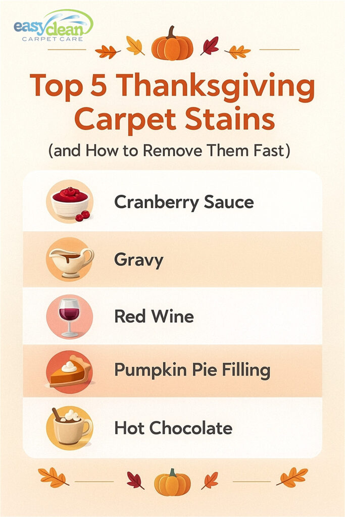 Holiday Carpet Stains Infographic | Easy Clean Carpet Care a simple thanksgiving infographic that lists the top holiday carpet stains, such as cranberry sauce, gravy, red wine, pumpkin pie filling, and hot chocolate.