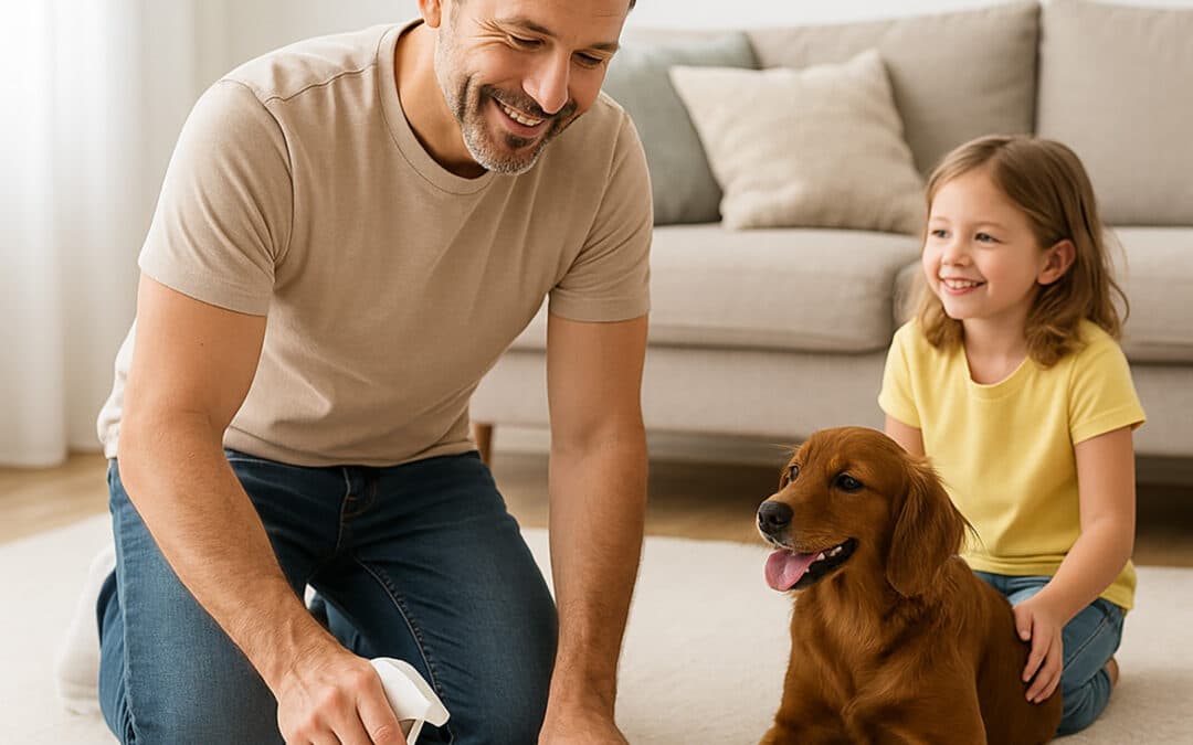 A dad kneels on a light carpet wiping up a small spill while his daughter and their dog sit nearby, illustrating everyday carpet care for Sacramento families.