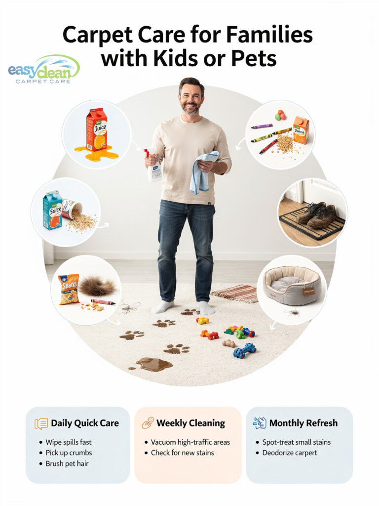 Carpet Care for Families Infographic | Easy Clean Carpet Care a friendly dad stands on a family living room carpet surrounded by kid and pet mess icons, illustrating practical carpet care tips for sacramento families.