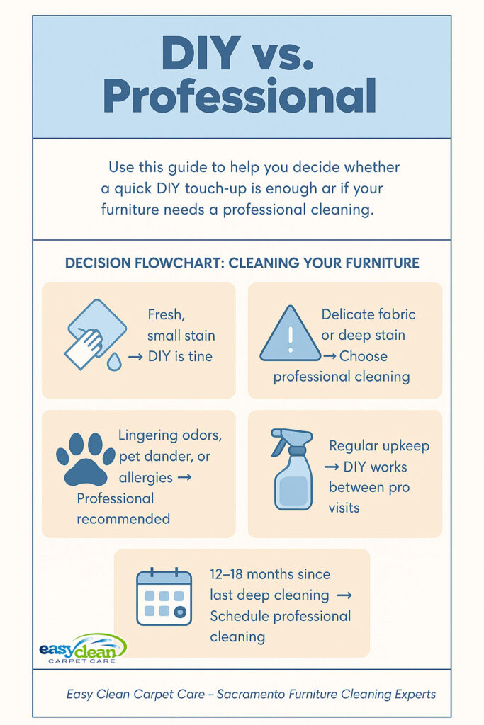 Furniture Cleaning Infographic | Easy Clean Carpet Care a clean, easy-to-read furniture cleaning infographic that guides sacramento homeowners through a quick decision flow between diy and professional furniture cleaning.