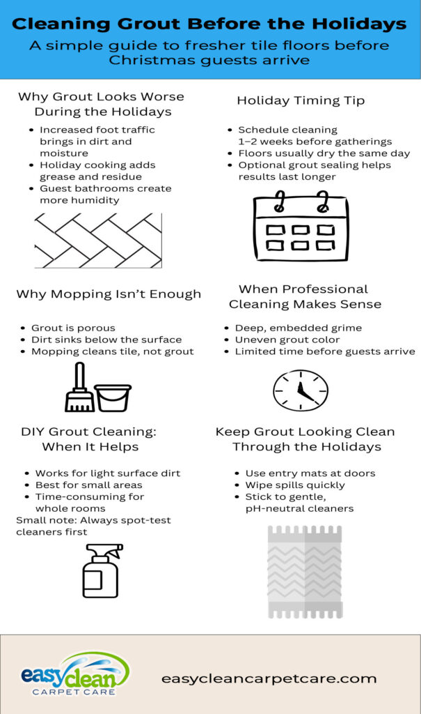 Why Grout Looks Worse During the Holidays | Easy Clean Carpet Care infographic explaining cleaning grout before the holidays, including why grout looks worse, why mopping isn’t enough, diy limits, when professional cleaning makes sense, and tips to keep grout clean for christmas guests.