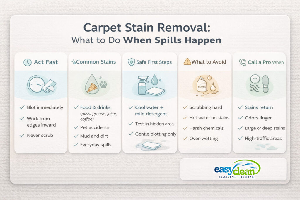 Carpet Stain Removal Infographic | Easy Clean Carpet Care carpet stain removal infographic for sacramento homeowners, outlining safe cleaning steps for everyday spills and when professional help is needed.